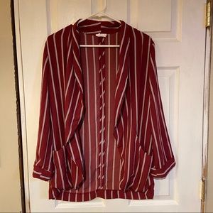 Burgundy/red striped blazer. No button